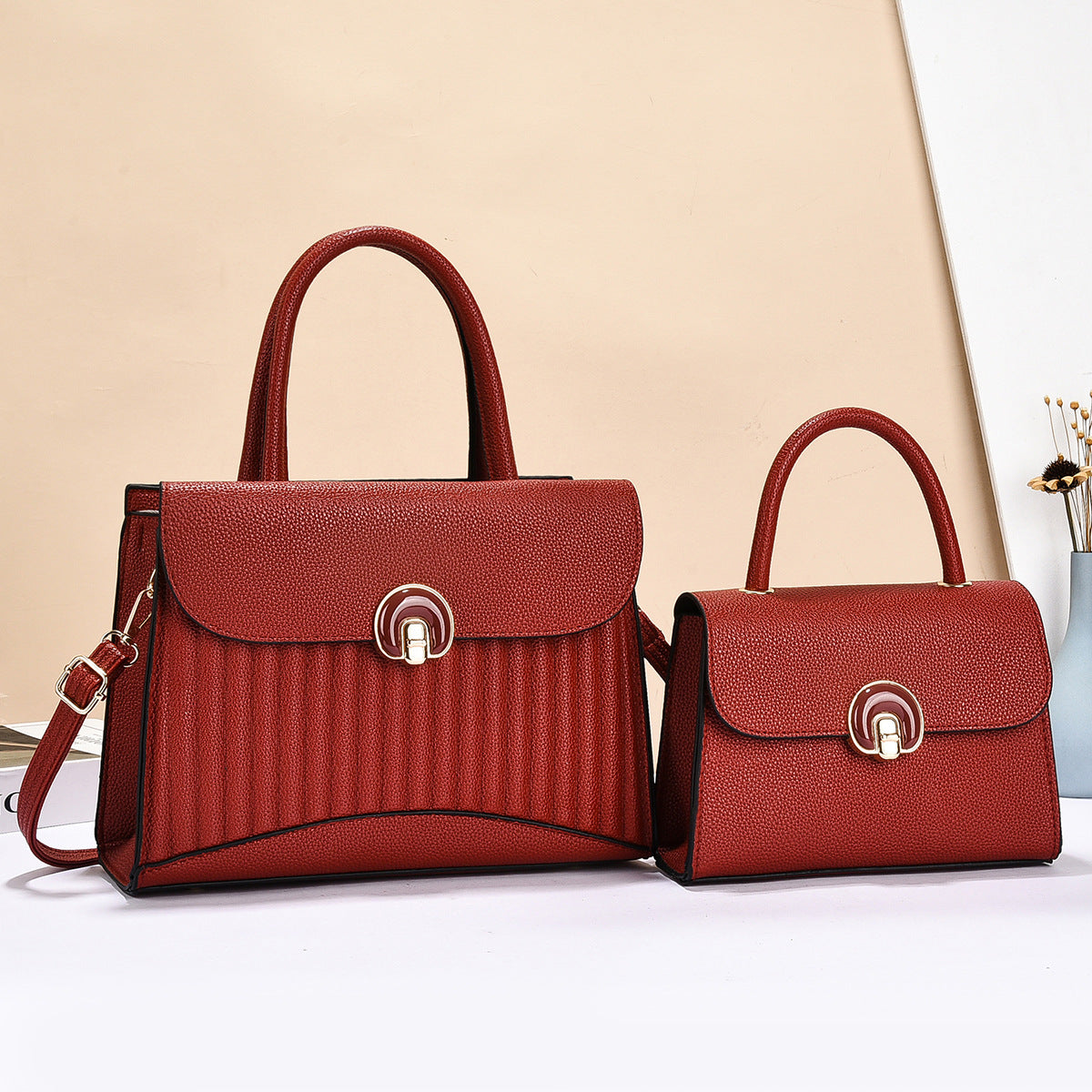 Blush Pink Structured Handbag Set with Decorative Turn-Lock Closure