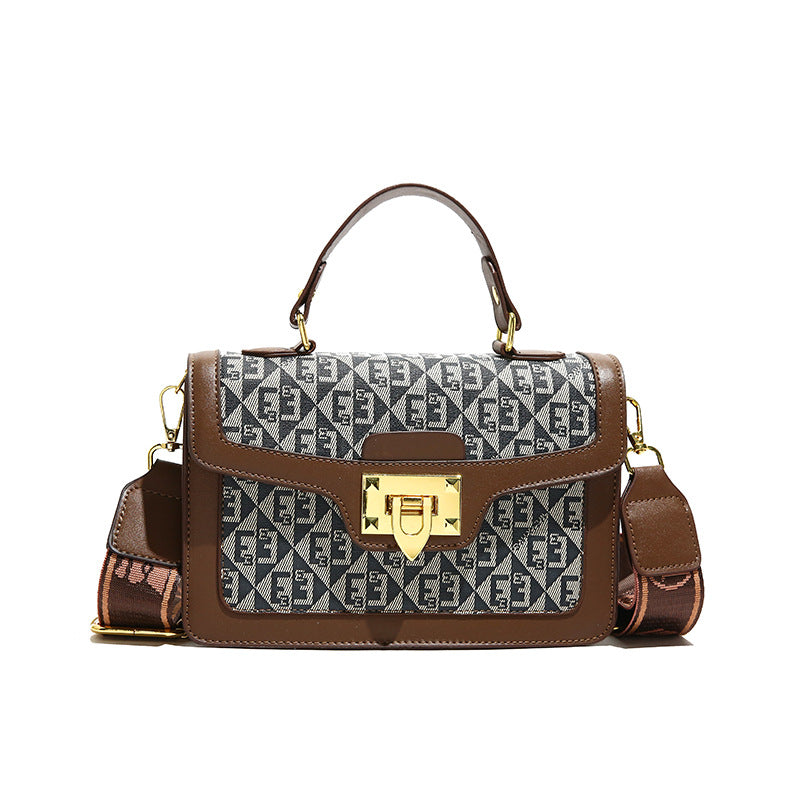 Heritage Print Structured Handbag with Gold Lock