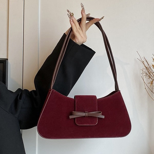 Classic Red Velvet Shoulder Bag with Bow