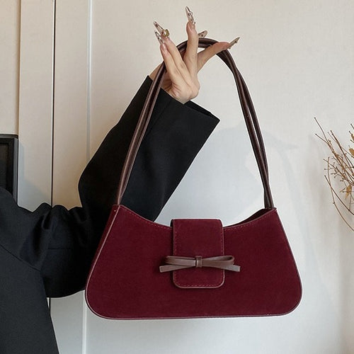 Classic Red Velvet Shoulder Bag with Bow