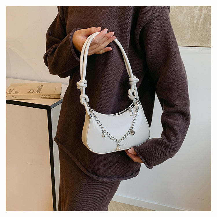 Classic White Mini Shoulder Bag with Knotted Strap & Chain
