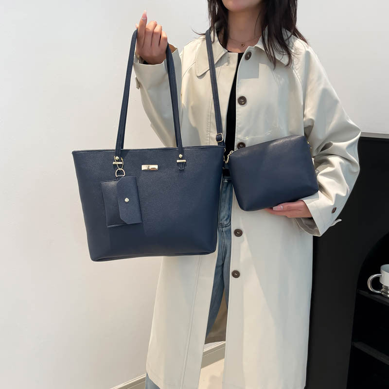 Navy Blue Classic Tote Handbag Set with Detachable Pouch