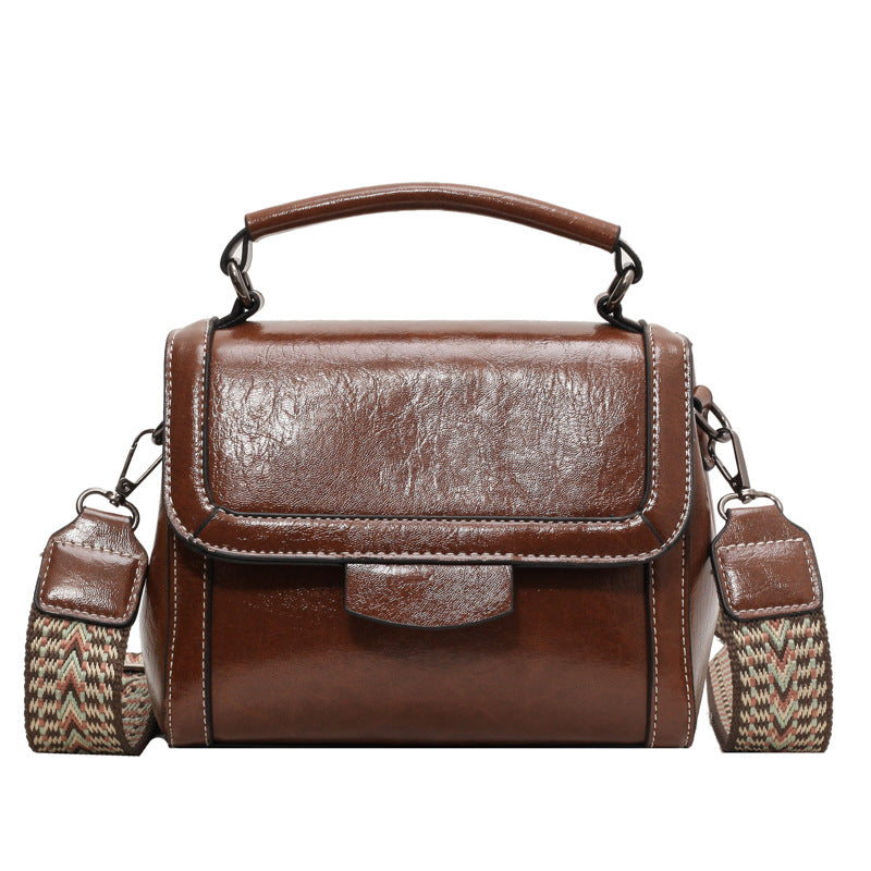 Vintage Olive Green Structured Shoulder Bag with Patterned Strap