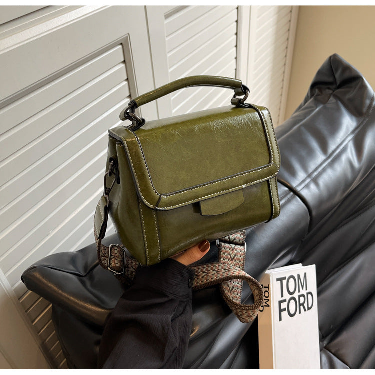 Vintage Olive Green Structured Shoulder Bag with Patterned Strap