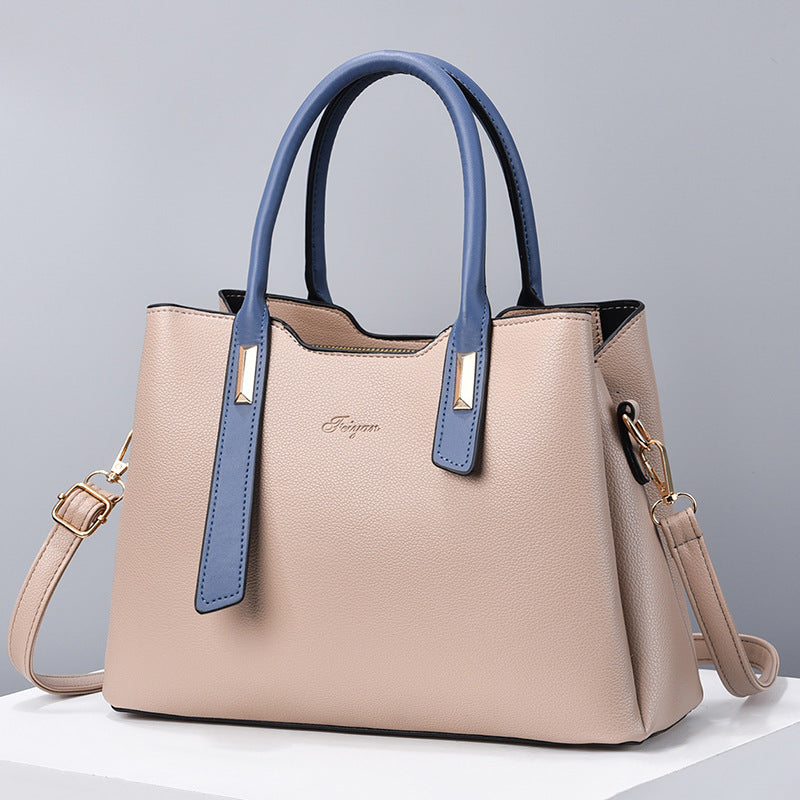 Elegant Beige Tote Handbag with Blue Dual Handles & Crossbody Strap