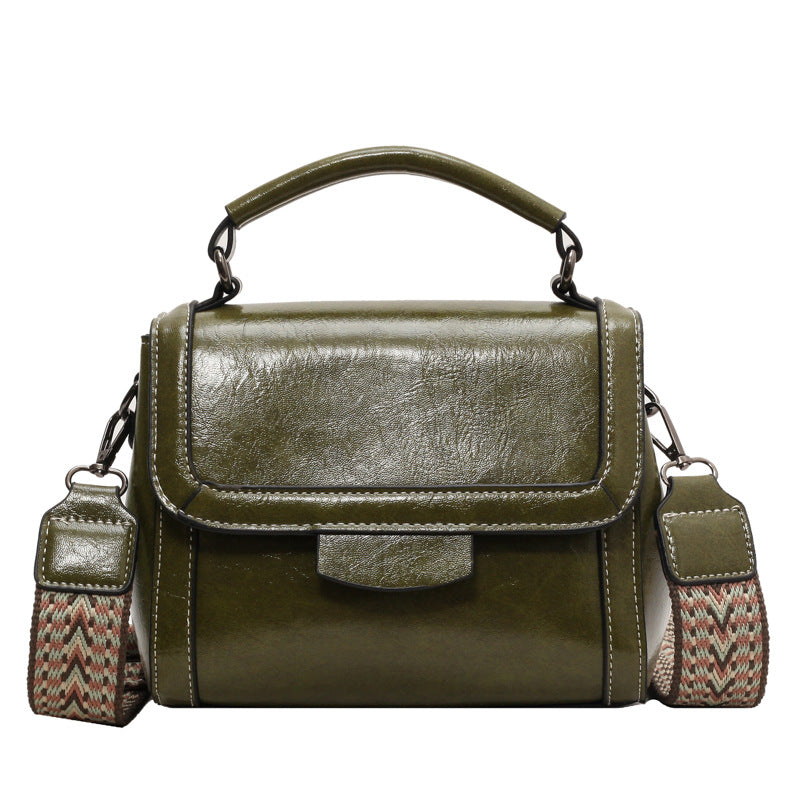 Vintage Olive Green Structured Shoulder Bag with Patterned Strap