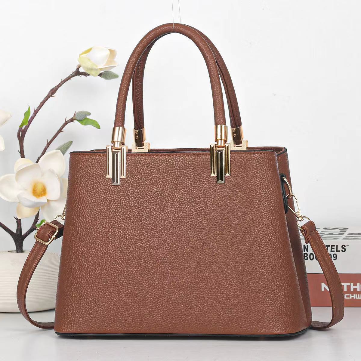 Classic Black Structured Tote Handbag with Gold-Tone Hardware