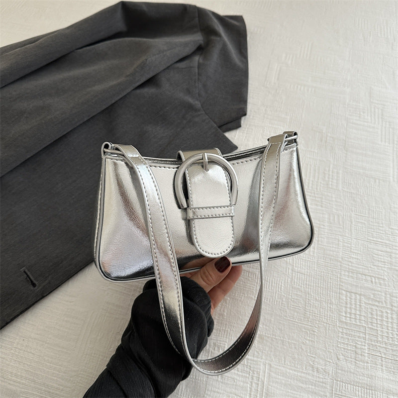 Elegant Silver Metallic Shoulder Bag with Buckle
