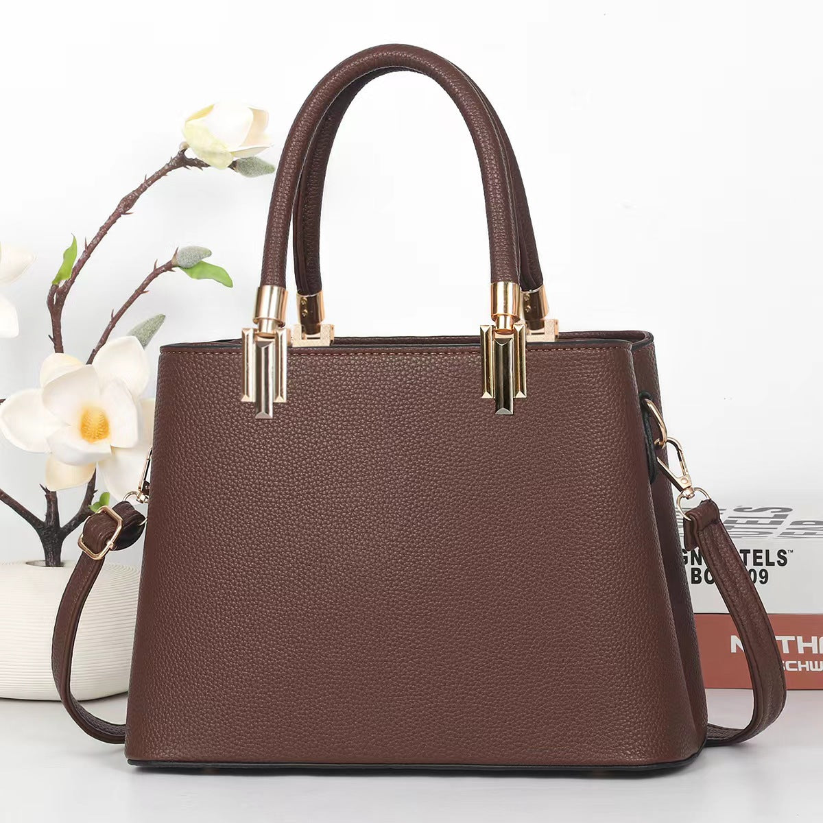 Classic Black Structured Tote Handbag with Gold-Tone Hardware