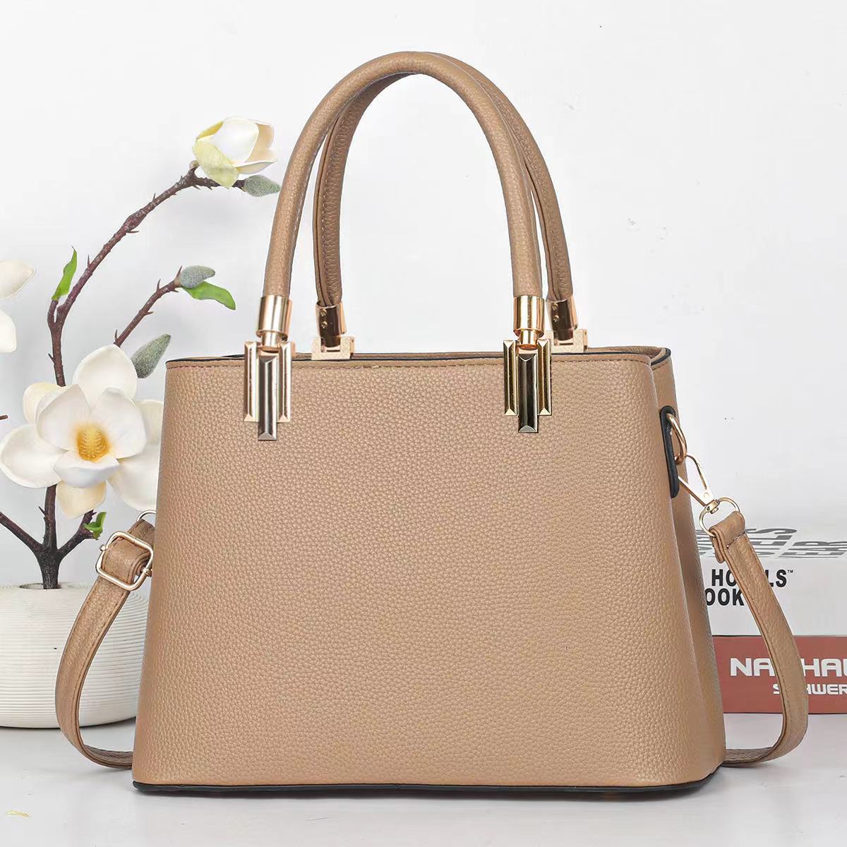 Classic Black Structured Tote Handbag with Gold-Tone Hardware