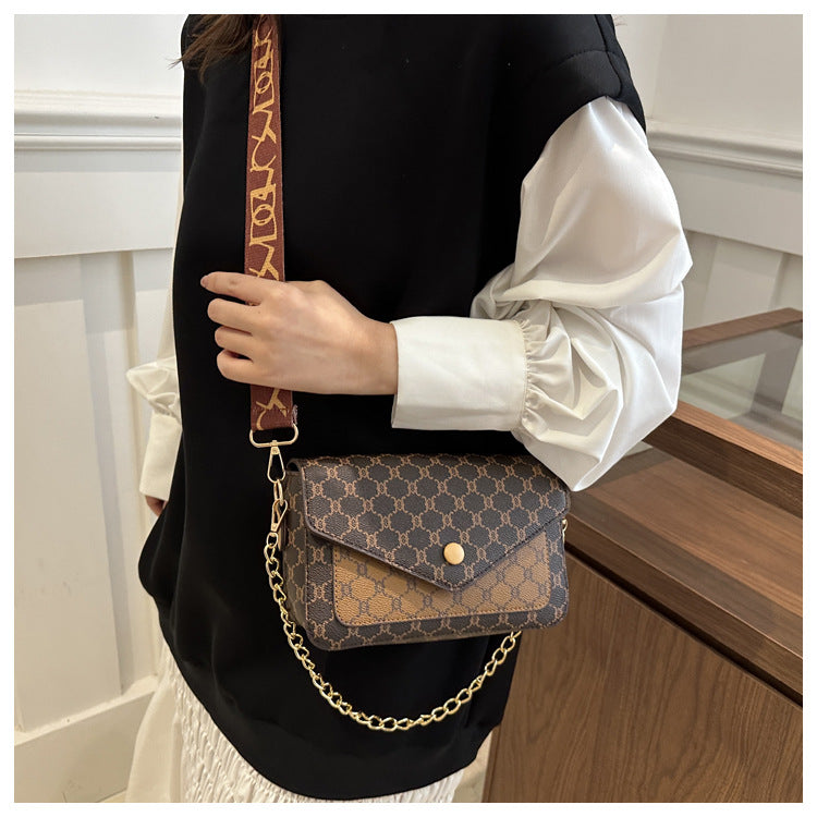 Luxury Patterned Crossbody Sling Bag with Chain Detail & Wide Strap