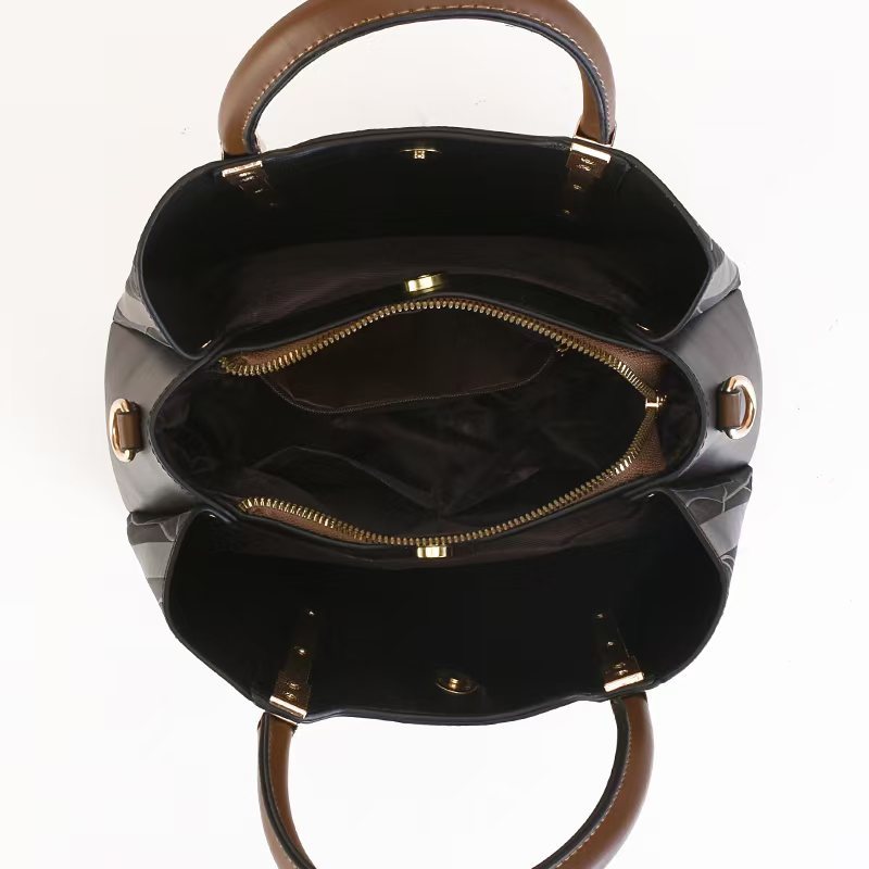 Elegant Cream Tote Handbag with Dual Brown Handles & Gold Hardware