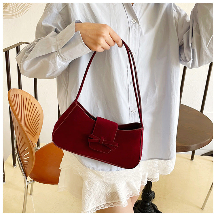 Classic Red Velvet Shoulder Bag with Bow