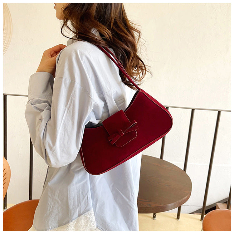 Classic Red Velvet Shoulder Bag with Bow