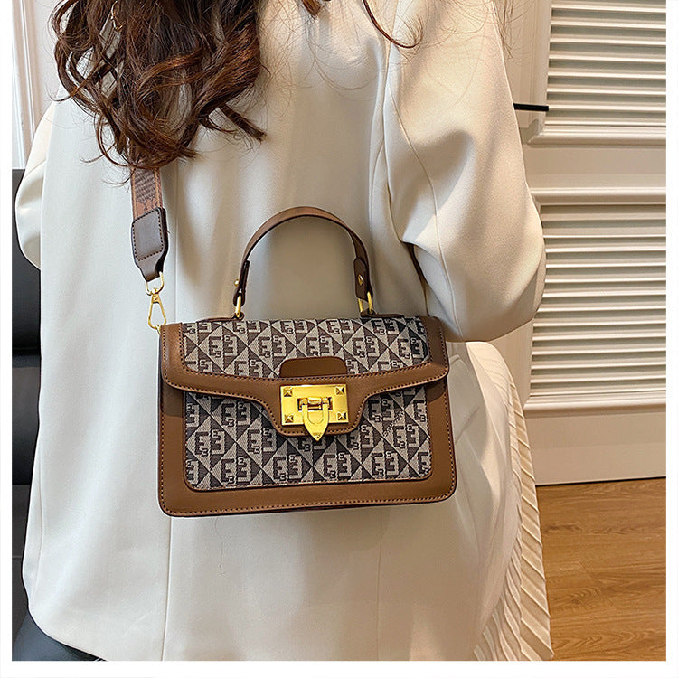 Heritage Print Structured Handbag with Gold Lock