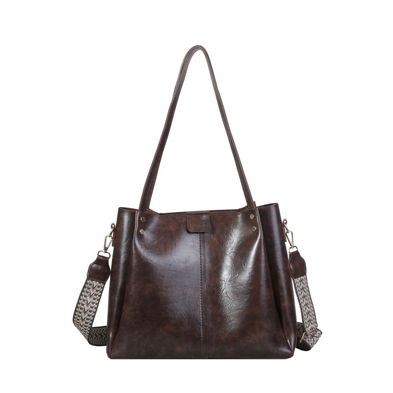 Black Tote Handbag with Patterned Shoulder Strap – Spacious & Trendy