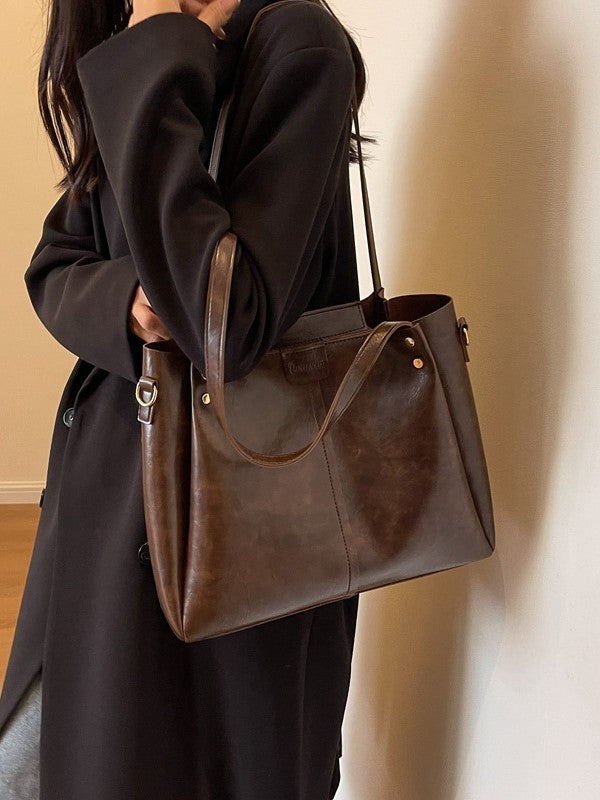 Black Tote Handbag with Patterned Shoulder Strap – Spacious & Trendy