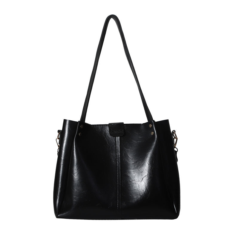 Black Tote Handbag with Patterned Shoulder Strap – Spacious & Trendy