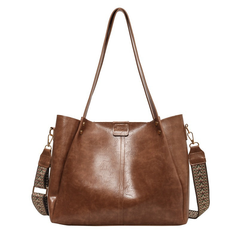 Black Tote Handbag with Patterned Shoulder Strap – Spacious & Trendy