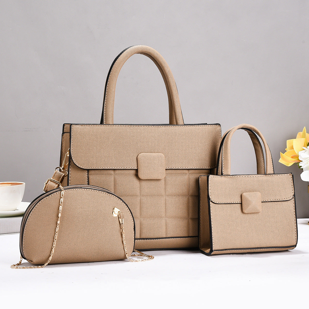Elegant Beige Tote Bag with Sling & Mini Handbag