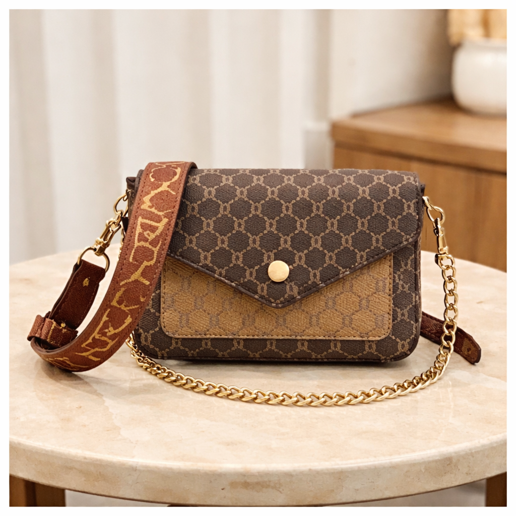 Luxury Patterned Crossbody Sling Bag with Chain Detail & Wide Strap