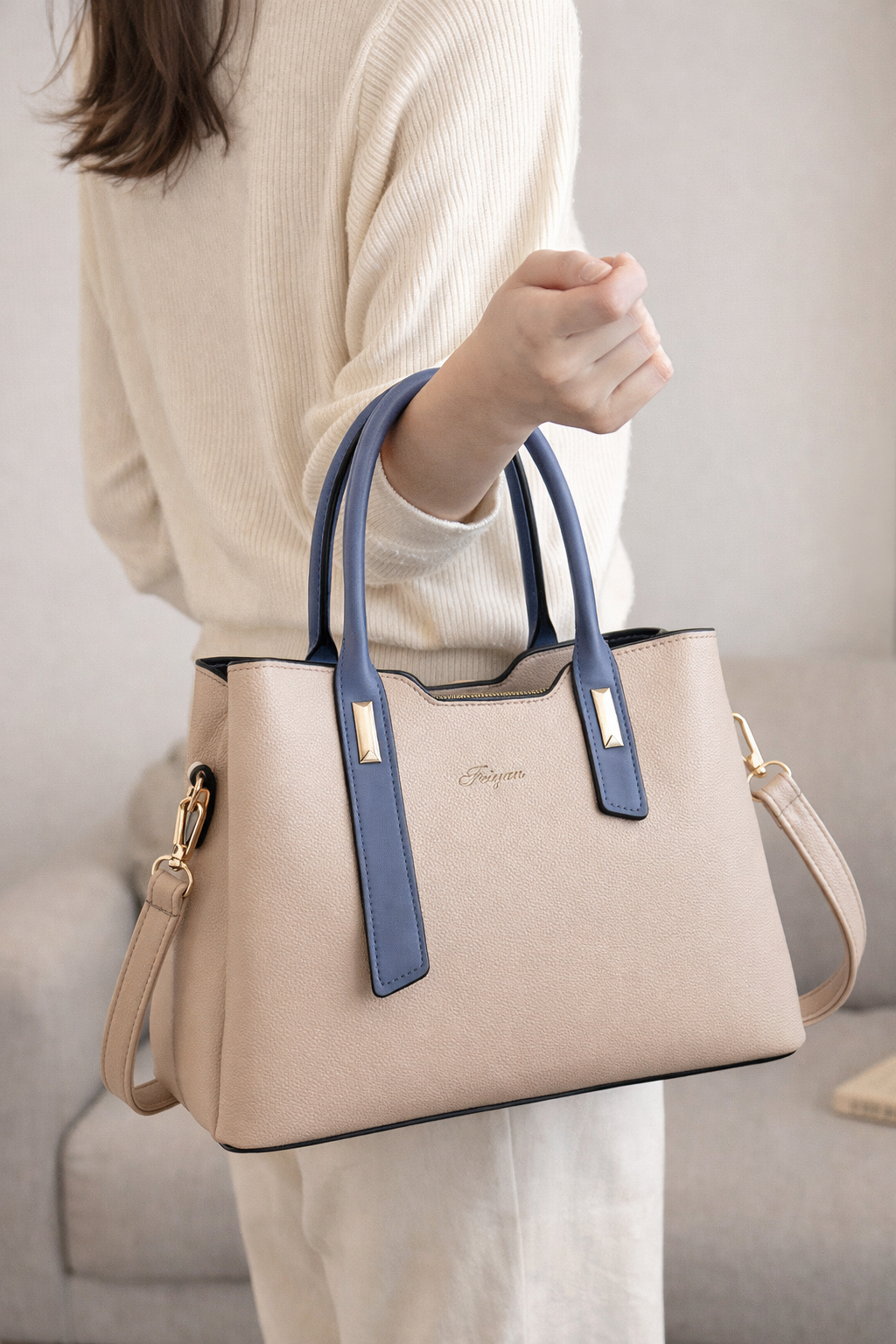 Elegant Beige Tote Handbag with Blue Dual Handles & Crossbody Strap
