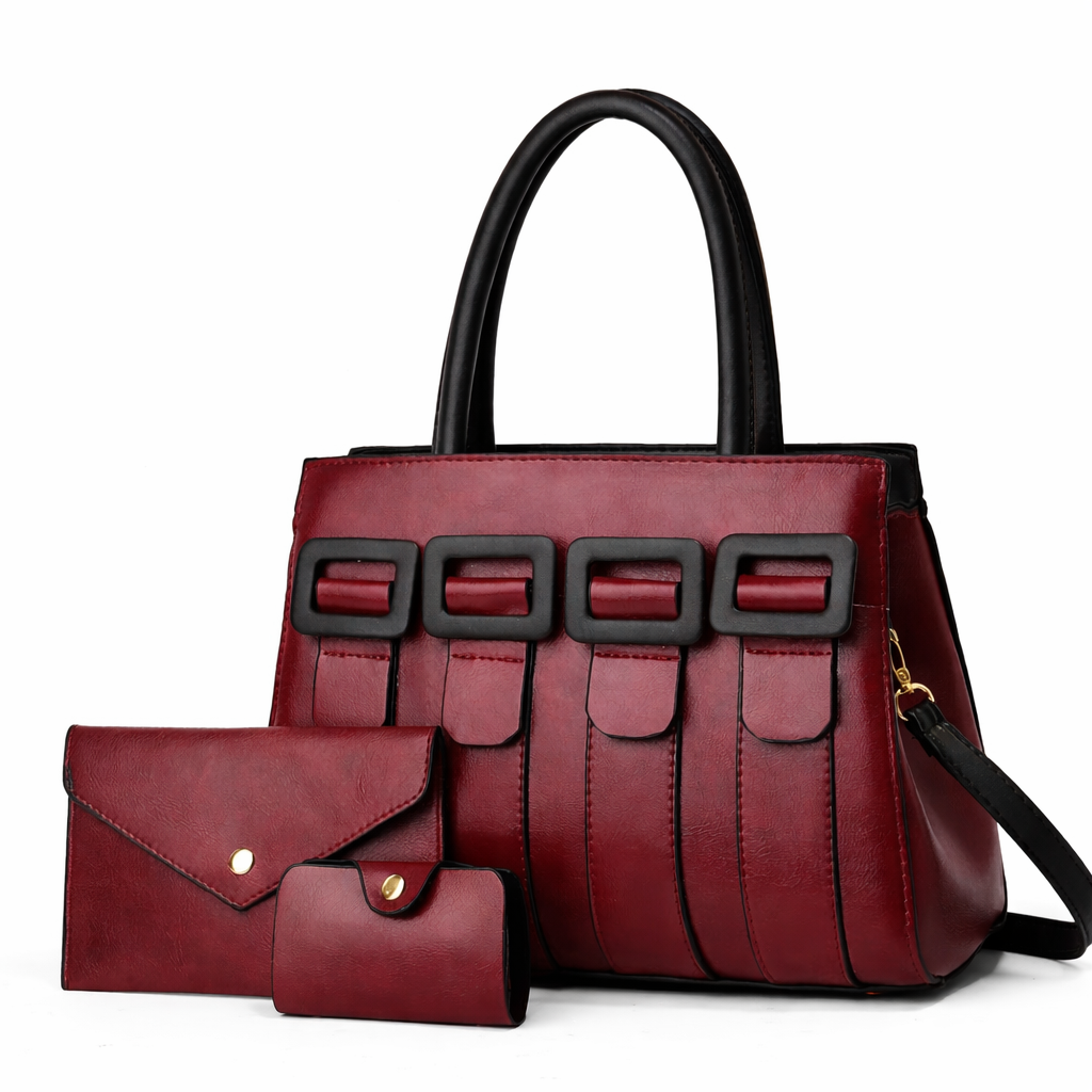 Classic Red Structured Handbag Set with Matching Wallets
