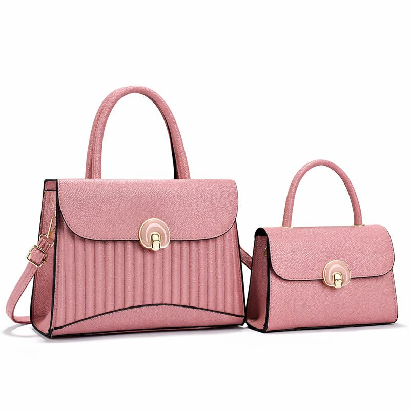 Blush Pink Structured Handbag Set with Decorative Turn-Lock Closure
