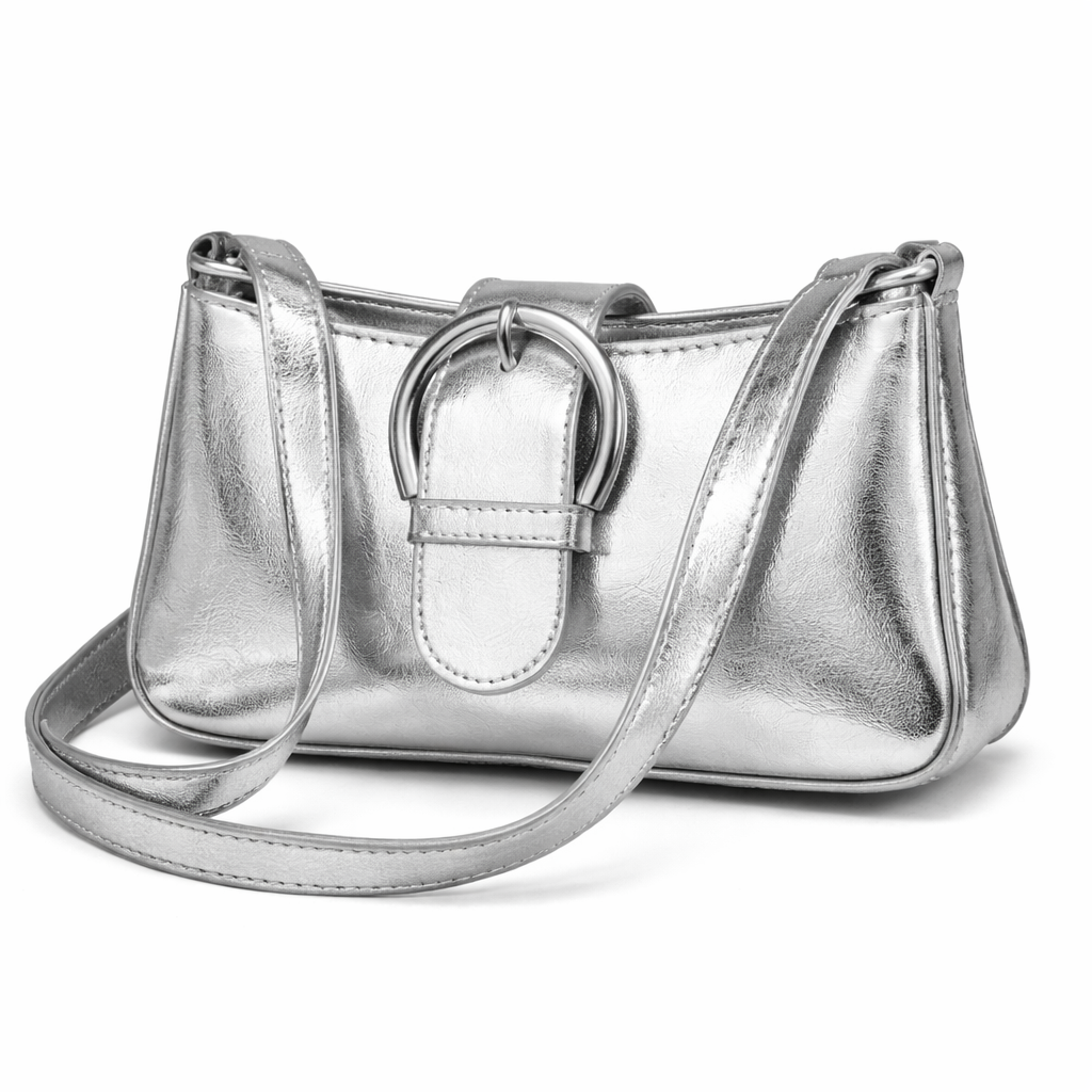 Elegant Silver Metallic Shoulder Bag with Buckle