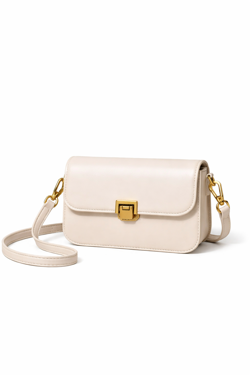 Minimalist Beige Crossbody Sling Bag with Gold-Tone Lock