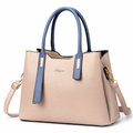 Elegant Beige Tote Handbag with Blue Dual Handles & Crossbody Strap
