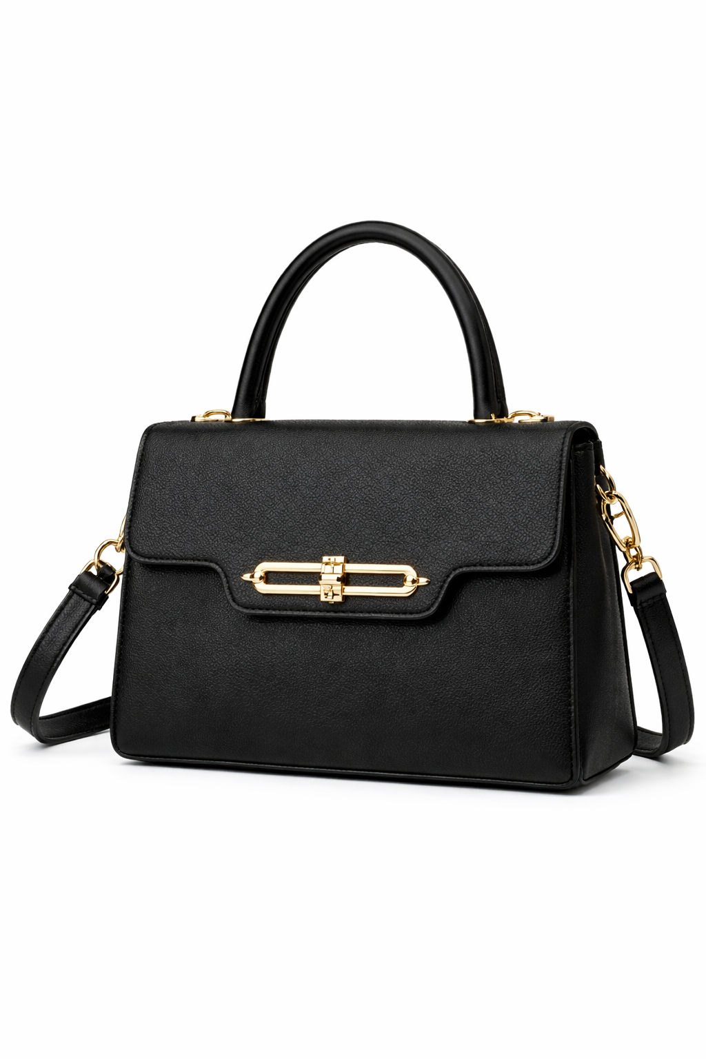 Elegant Black Leather Top-Handle Handbag with Gold Hardware