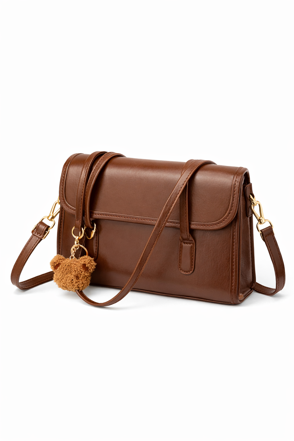 Classic Brown Shoulder Bag with Flap Closure and Teddy Charm
