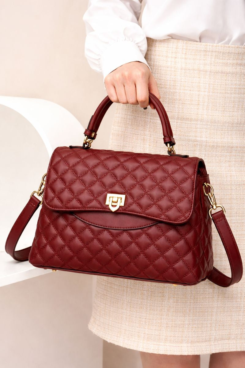 Quilted Maroon Top-Handle Crossbody Handbag