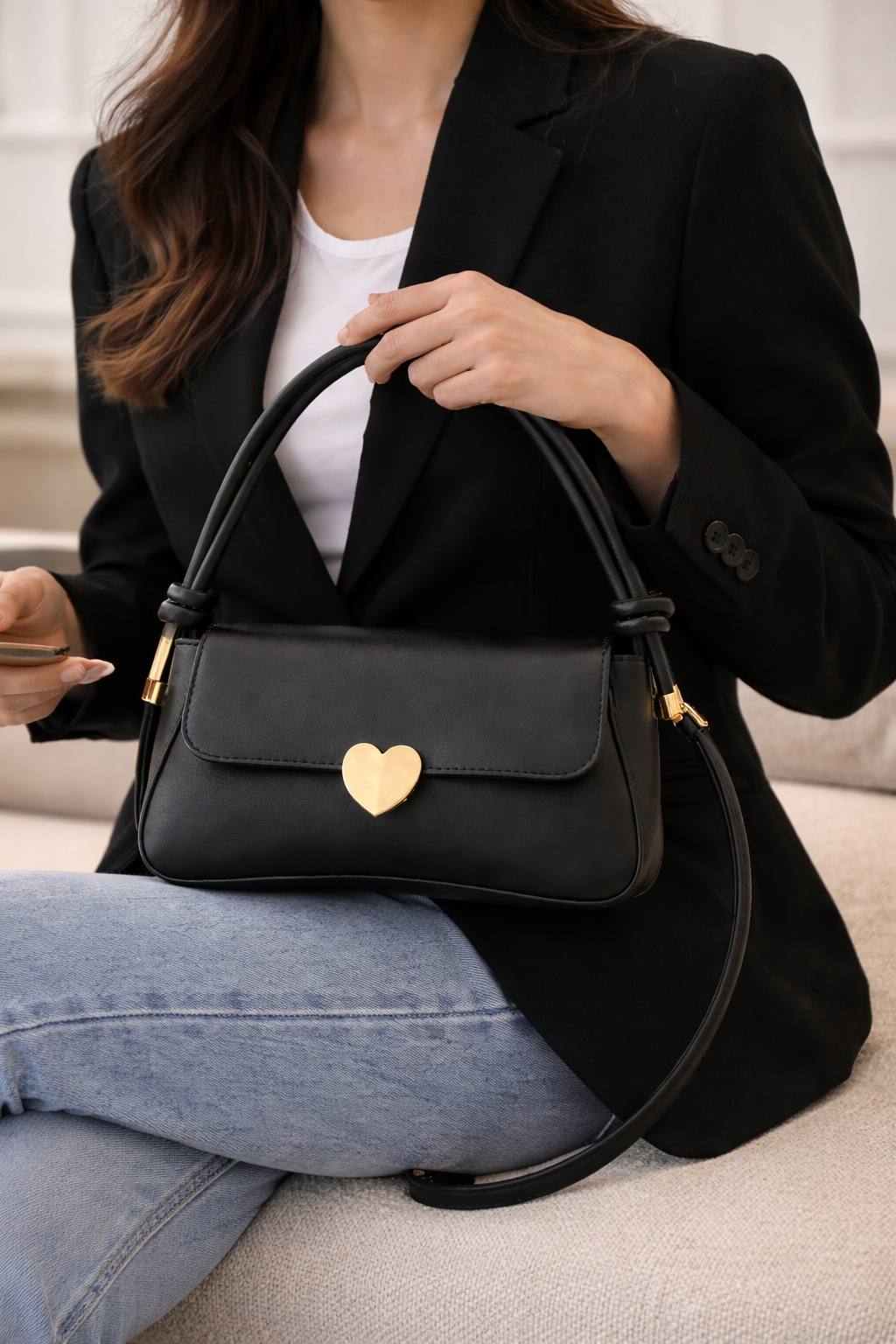 Chic White Mini Crossbody Bag with Heart Lock