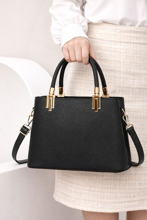 Classic Black Structured Tote Handbag with Gold-Tone Hardware