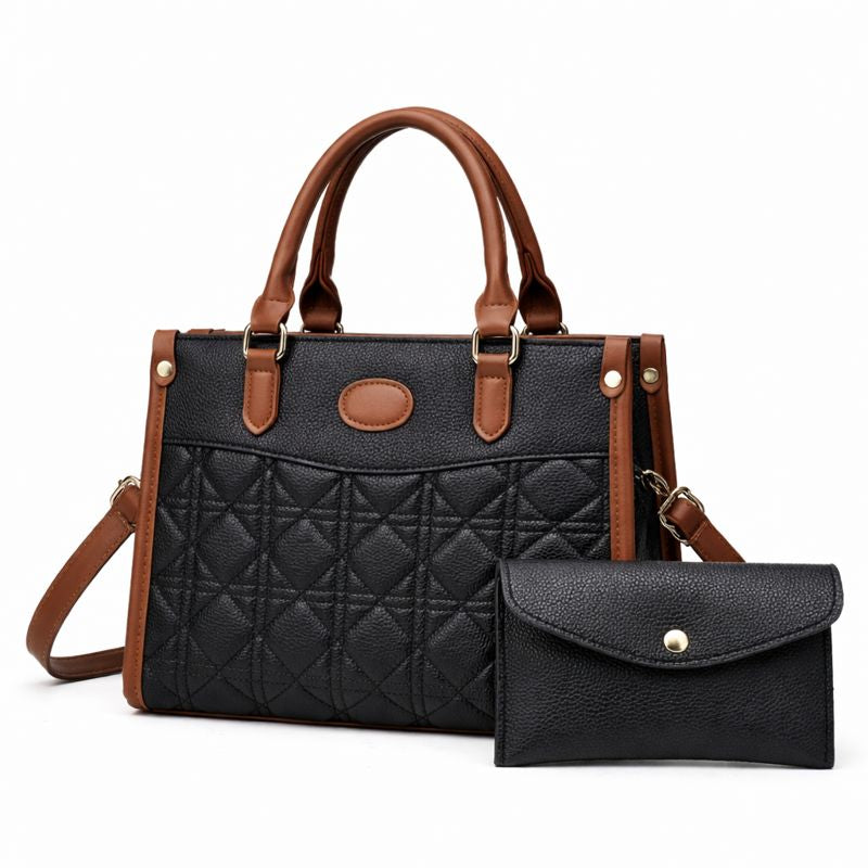 Elegant Quilted Two-Tone Handbag with Matching Wallet