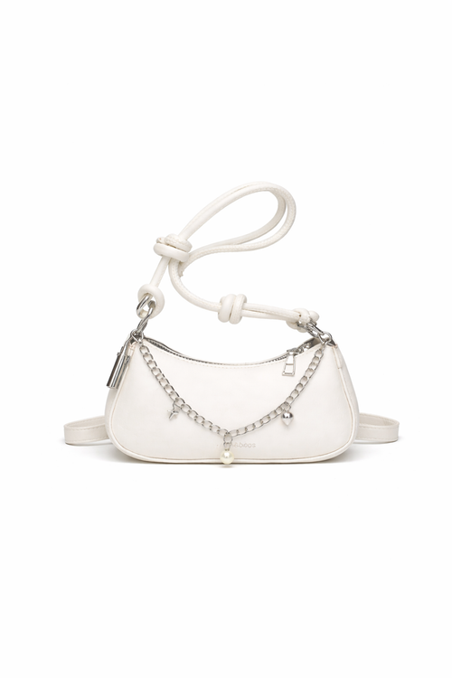 Classic White Mini Shoulder Bag with Knotted Strap & Chain