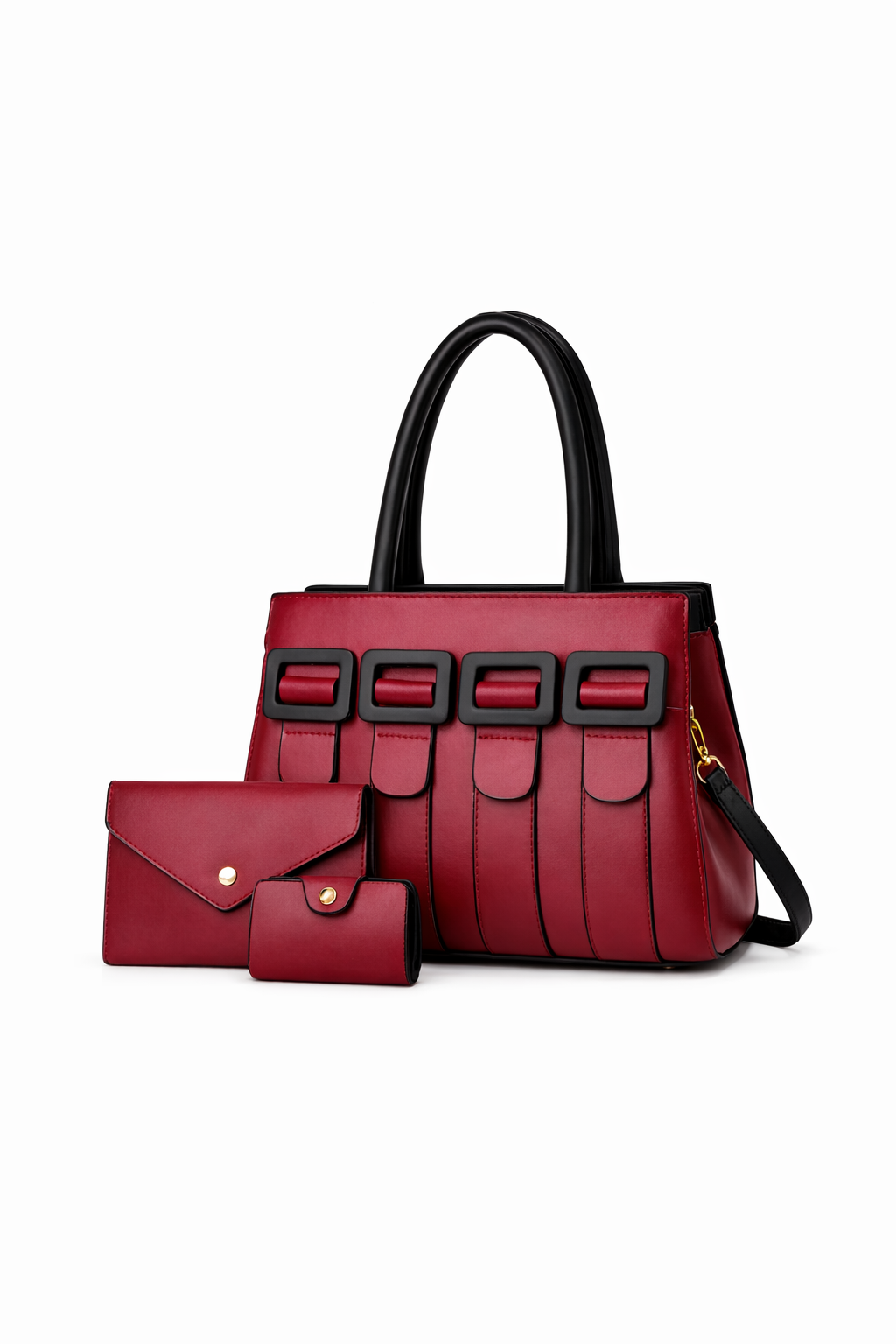 Classic Red Structured Handbag Set with Matching Wallets