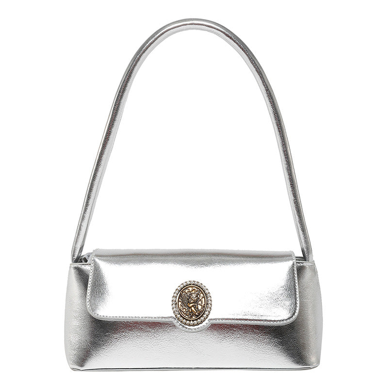 Classic Black Patent Shoulder Bag with Vintage Medallion Clasp