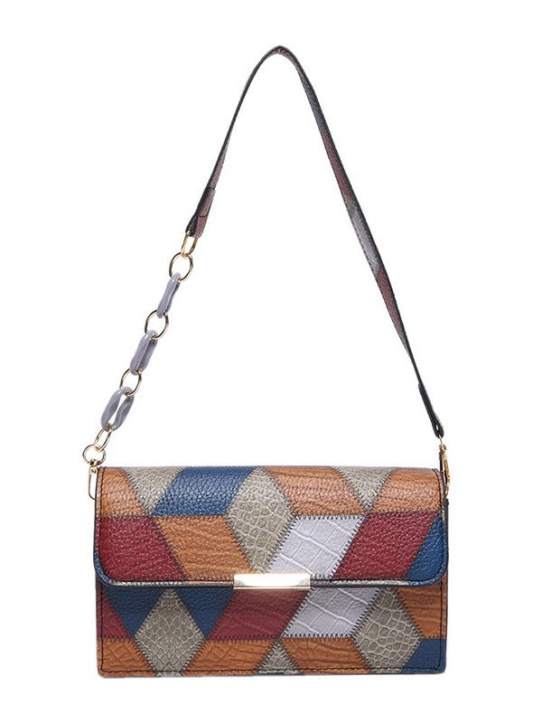 Multicolor Geometric Pattern Shoulder Bag with Decorative Chain Strap