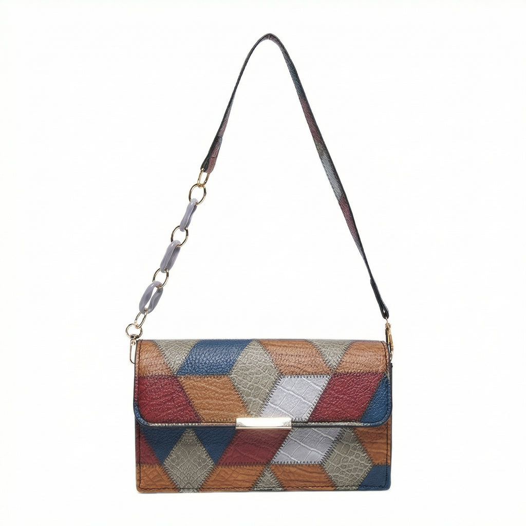 Multicolor Geometric Pattern Shoulder Bag with Decorative Chain Strap